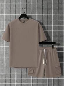 Manfinity Homme Conjunto de camiseta de manga corta de unicolor y pantalones cortos para hombre - Marrón - Ver 3