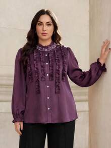 Graceveil Elegant Solid Color Ruffle Collar Long Sleeve Fitted Plus Size Blouse, Suitable For Spring And Autumn Elegant Blouse For Women Vacation - Purple - View 1