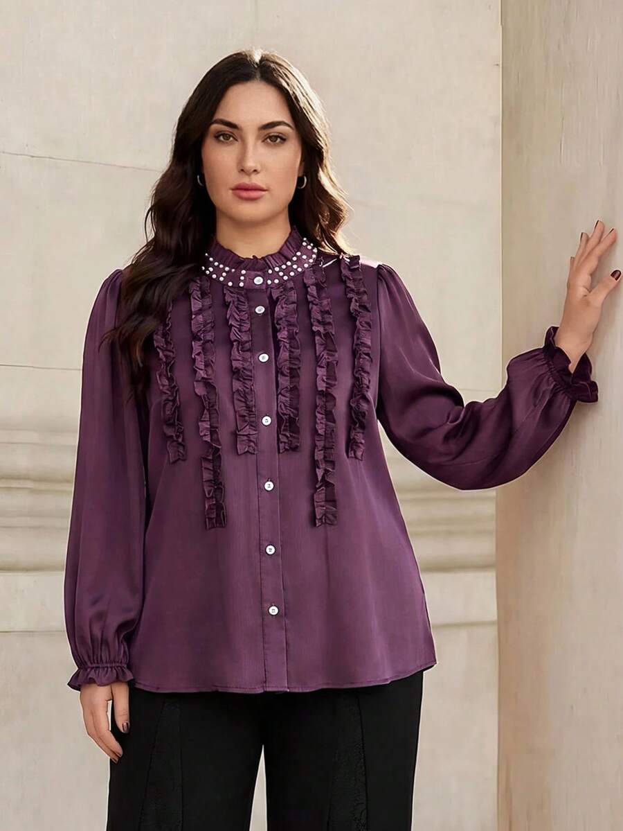 Graceveil Elegant Solid Color Ruffle Collar Long Sleeve Fitted Plus Size Blouse, Suitable For Spring And Autumn Elegant Blouse For Women Vacation - Purple - View 1