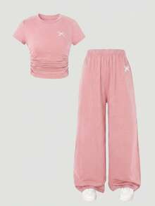 Emery Rose Kids Kids Tween Girl Bow Print Short Sleeve T-Shirt And Pants Casual Set School Pink Summer - Pink - View 6