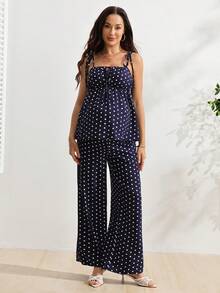 SHEIN Setelan Hamil 2 Potong: Atasan Tank Top Motif Polkadot dengan Tali Ikat dan Celana Panjang Longgar dengan Pinggang yang Dapat Diatur - Navy Blue - View 7