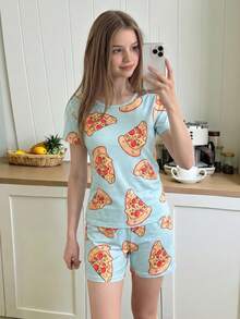 青少年女孩簡約活潑可愛時尚圓領披薩切片卡通滿版印花短袖T恤與短褲套裝，柔軟舒適居家休閒服 - 淺藍色 - 查看 4