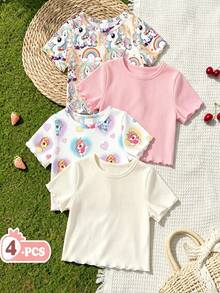 [4 Potong] Set Kaos Lengan Pendek Motif Unicorn Lucu untuk Bayi Perempuan, Gaya Kasual, Sekolah / Jalan-jalan, Musim Panas / Musim Semi & Musim Gugur. - MultiWarna - View 3