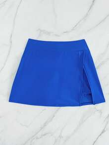 Swim Lushoire Celana Renang Wanita Polos dengan Belahan Samping dan Desain Rok Pendek Elegan untuk Pantai - Baby Blue - View 6