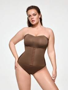 SHAPORA Plus Size Women's Shapewear Bodysuit, Waist & Abdomen Slimming, Bust Enhancing, Front Closure, Double Compression, Butt Lifting, Suitable For Outerwear, Single Piece - Brown - View 7