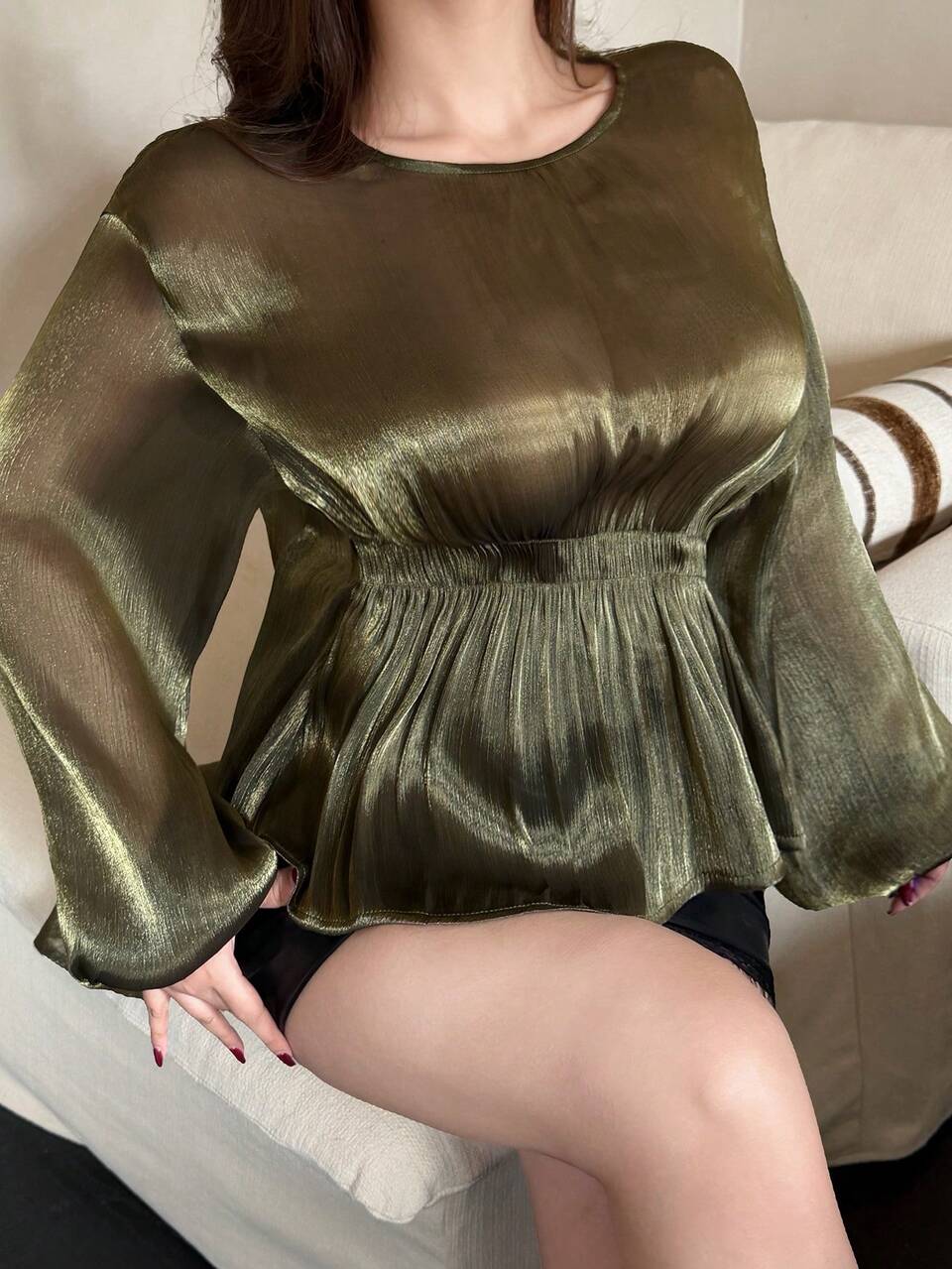 Dazy Plus Plus Size Women's Olive Green Sequin Silk Fabric Elegant Lantern Sleeve Loose Long Sleeve Pullover Blouse Shirt With Round Neck