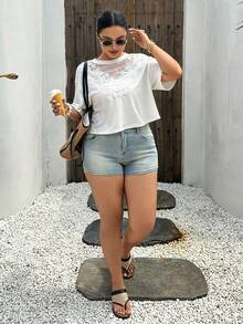 Dazy Plus Plus Size Women's Spring/Summer Casual Loose White Short Sleeve T-Shirt With Small Round Neck And Contrast Lace Design - White - View 5