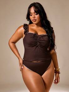 Auralis Damen-Tankini-Badeanzug-Set in Plus Size für Strand, Cocktail und Urlaub, mit Bindung vorne und Raffung, elegant, dezent und sexy, Sommer, Braun - Braun - Übersicht 5