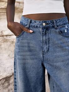 Maija Women's Loose Casual Frayed Hem Tapered Jeans With Side Pockets - Dark Wash - View 6