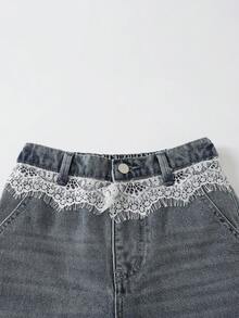 SHEIN 青少年女孩夏季柔軟水洗百搭寬鬆時尚舒適個性化，柔軟細棉蕾絲飾邊裝飾，中藍色水洗牛仔色，牛仔寬腿長褲薄款 春/夏 - 中等水洗藍 - 查看 5