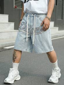 Manfinity EMRG Men's Street Style Casual Embroidered Blue Denim Shorts - Light Wash - View 4