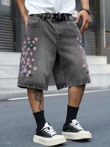 Manfinity EMRG 男士街頭風休閒刺繡灰色牛仔短褲 - 灰色 - 查看 5
