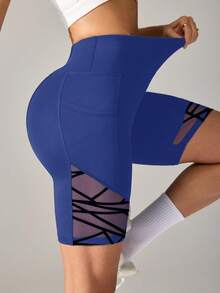 Easithlete Easithlete Celana Pendek Wanita Model Saku Jala Patchwork Kasual Serbaguna untuk Aktivitas Olahraga Sehari-hari - Royal Blue - View 5