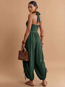 Zivah Jumpsuit Wanita Warna Polos untuk Liburan, Model Liburan, dengan Lipit di Bagian Bawah, Tali Serut, dan Leher Halter. - Hijau Tentara - View 2