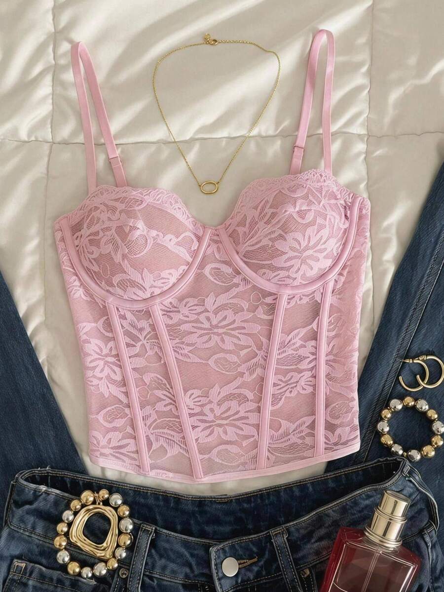 SHEIN EZwear 女士性感蕾丝透视吊带背心,配钢圈、鱼骨塑形、修身短款,适合夏季度假穿着 - 粉色 - 查看 1