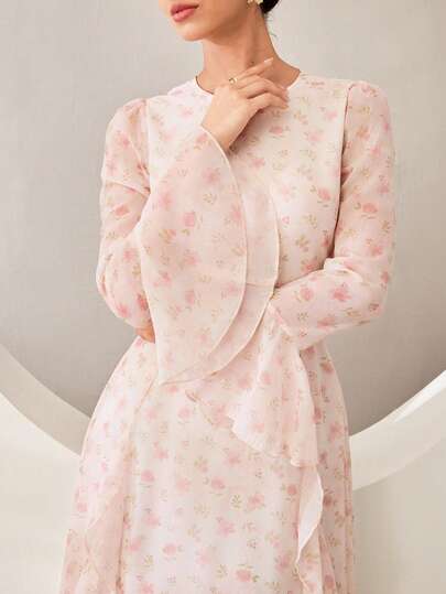 Graceveil Floral Print Ruffle Hem Back Drawstring Tie Elegant Vacation Summer French Style Women's Dress