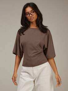 Athîral Women's Solid Color Pleated Casual Versatile Daily Travel T-Shirt - Coffee Brown - View 2