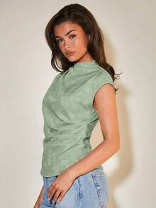 COSMINA Women's Solid Color Pleated Casual Versatile Daily Outing Top - Green - View 5