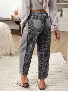 EMERY ROSE Plus Size Contrast Color Patchwork Leopard Print Flared Leg Jeans - Grey - View 3