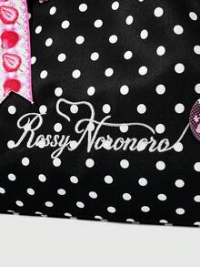 ROMWE Kawaii 1Pc Brown Cute Strawberry Bow Pendant Y2K Retro Polka Dot Letter Embroidery Badge Flower Print Women's Tote Bag, Large Capacity Women's Shoulder Bag - Black polka dot - View 4