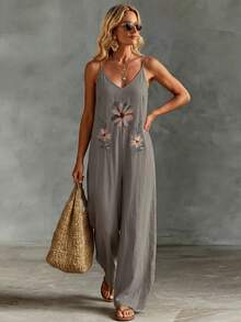 Faunlyn Women's Vacation Casual Floral Embroidered Spaghetti Strap Jumpsuit - Multicolor - View 6