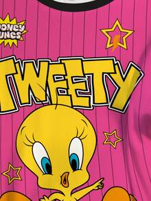 LOONEY TUNES X SHEIN 大码夏季休闲条纹卡通图案短袖T恤 - 白色 - 查看 5