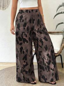 Weeklong Pantalones largos holgados de pierna ancha y cintura alta con estampado de leopardo para mujer talla grande, primavera/verano - Marrón Mocha - Ver 3