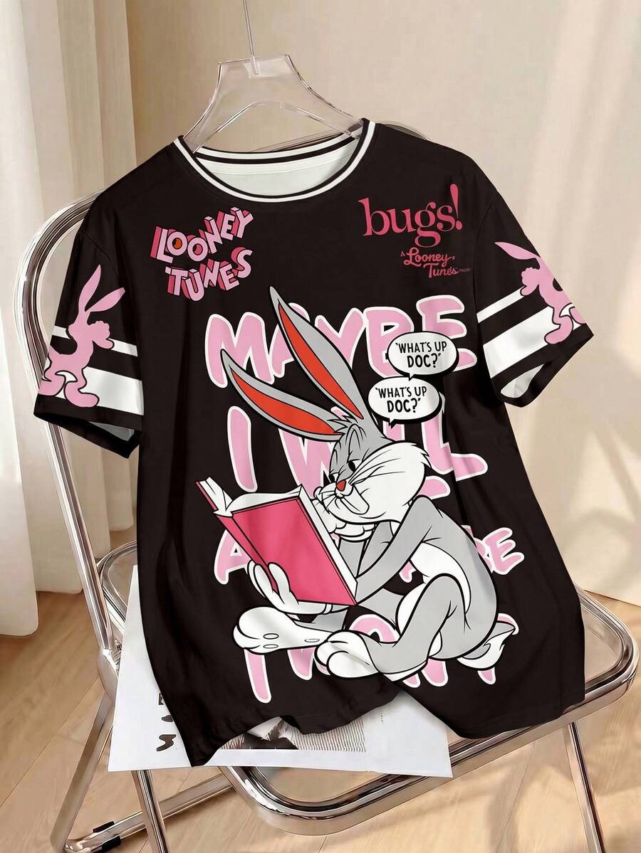 LOONEY TUNES X SHEIN Plus Size Summer Casual Letter & Rabbit Print Round Neck Short Sleeve T-Shirt - White - View 1