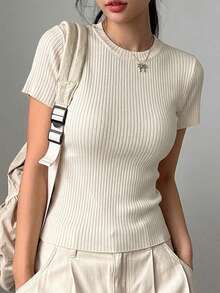 DAZY Camiseta de punto acanalado de unicolor con cuello redondo y manga corta, ajuste ceñido, para mujer, ideal para ir al trabajo, vacaciones y uso en verano - Blanco - Ver 3