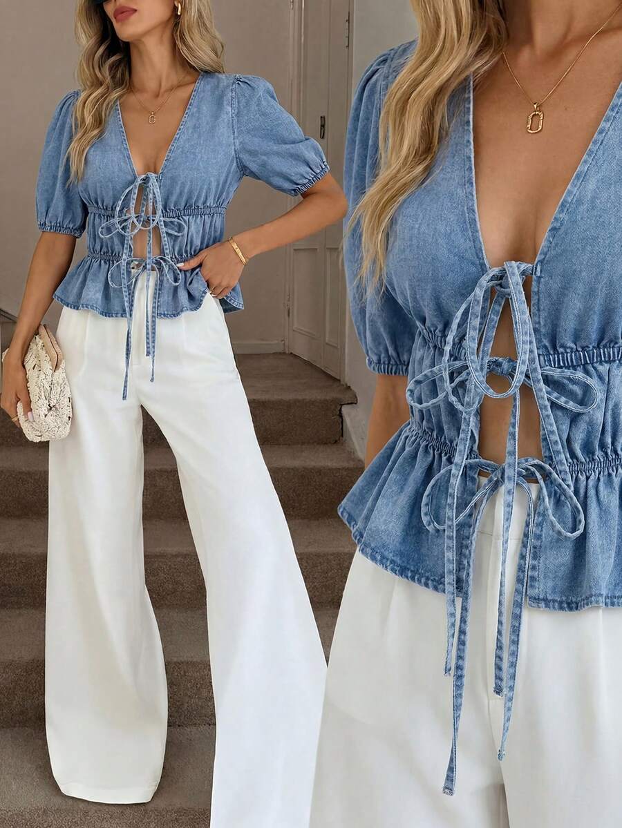 SHEIN LUNE Women's Sexy Casual Vacation Style Deep V-Neck Petal Sleeve Tie Front Ruffle Hem Denim Blouse Summer Festival Costume Commuting Vacation Graduation Chic Y2k Cute Streetwear Coquette Party Wedding Elegant Business Casual Woman Business Beach Graduation Going Out Birthday - Blue - View 1