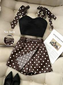 SHEIN Franclia 女款短版吊帶上衣與波點印花裙褲兩件套 - 咖啡棕 - 查看 5