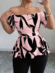 Elenzga Plus Size Vintage Casual Asymmetrical Black Print Off-Shoulder Waist Cutout Women's Top - Red - View 4