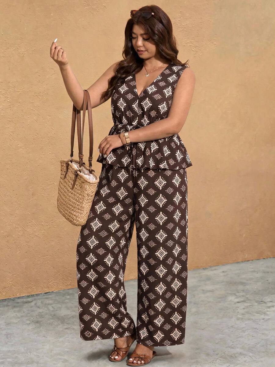 Elaquor Plus Size Casual Vacation Striped Sleeveless A-Line Shirt And Straight Leg Casual Pants 2 Pieces Set