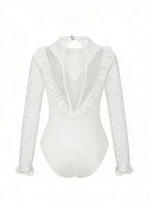 SHEIN Tween Girl Mesh Patchwork Long Sleeve Knit Jumpsuit, Suitable For Ballet Dance, Training Classes And Various Sports Exercise Occasions. - White - View 3