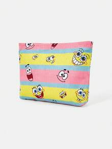 SpongeBob SquarePants | SHEIN 1個卡通印花燈芯絨拉鍊化妝包，輕巧多功能內襯化妝收納袋 - 條紋 - 查看 4