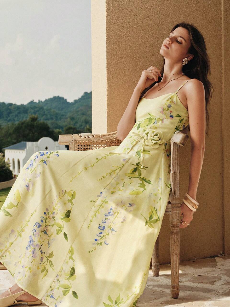 WOMEN'S VACATION 3D FLOWER WAIST BELT VIOLET PLACEMENT PRINT SLIP DRESS