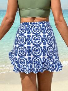EMERY ROSE Rok Lipit Motif Cetak Seluruh Permukaan untuk Wanita, Cocok untuk Liburan Musim Panas dan Pantai - Biru - View 2