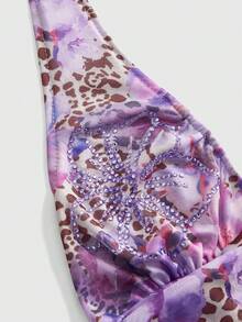 ROMWE Tank Top Wanita Gaya Vintage Liburan Pulau Seksi Y2K Millennium Hot Girl Style dengan Leher Berlipat dan Hiasan Berlian Imitasi Merah Muda serta Trim Berumbai - Purple - View 4