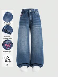 SHEIN 新款女款寬腿牛仔褲，復古做舊水洗牛仔，Y2K學院風街頭休閒可愛復古風，舒適棉質牛仔面料，藍色牛仔褲，適合四季穿著，時尚女款粉色蝴蝶結刺繡寬鬆寬腿牛仔褲，彈性腰頭設計，返校季 - 深色水洗藍 - 查看 2