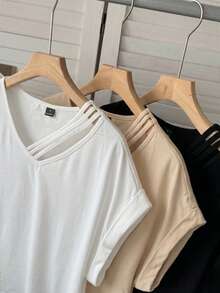 SHEIN LUNE 女款休閒夏季三件套 T恤上衣，適合外出、日常居家、辦公室穿著，鏤空短袖設計 - 彩色 - 查看 5