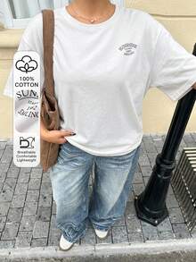 Dazy Plus 女款寬鬆大尺碼棕色休閒短袖T恤，圓領字母印花圖案，春夏季 - 白色 - 查看 1