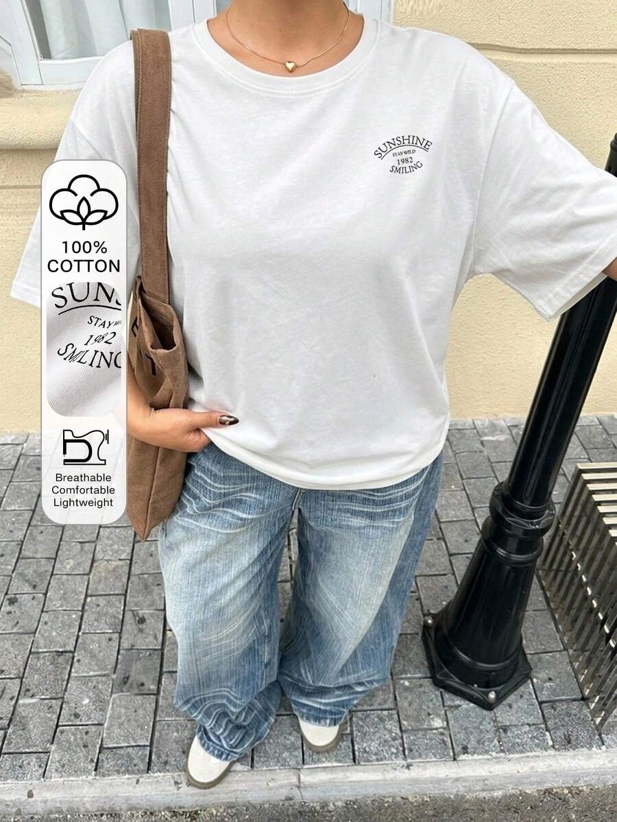Dazy Plus 女款寬鬆大尺碼棕色休閒短袖T恤,圓領字母印花圖案,春夏季 - 白色 - 查看 1