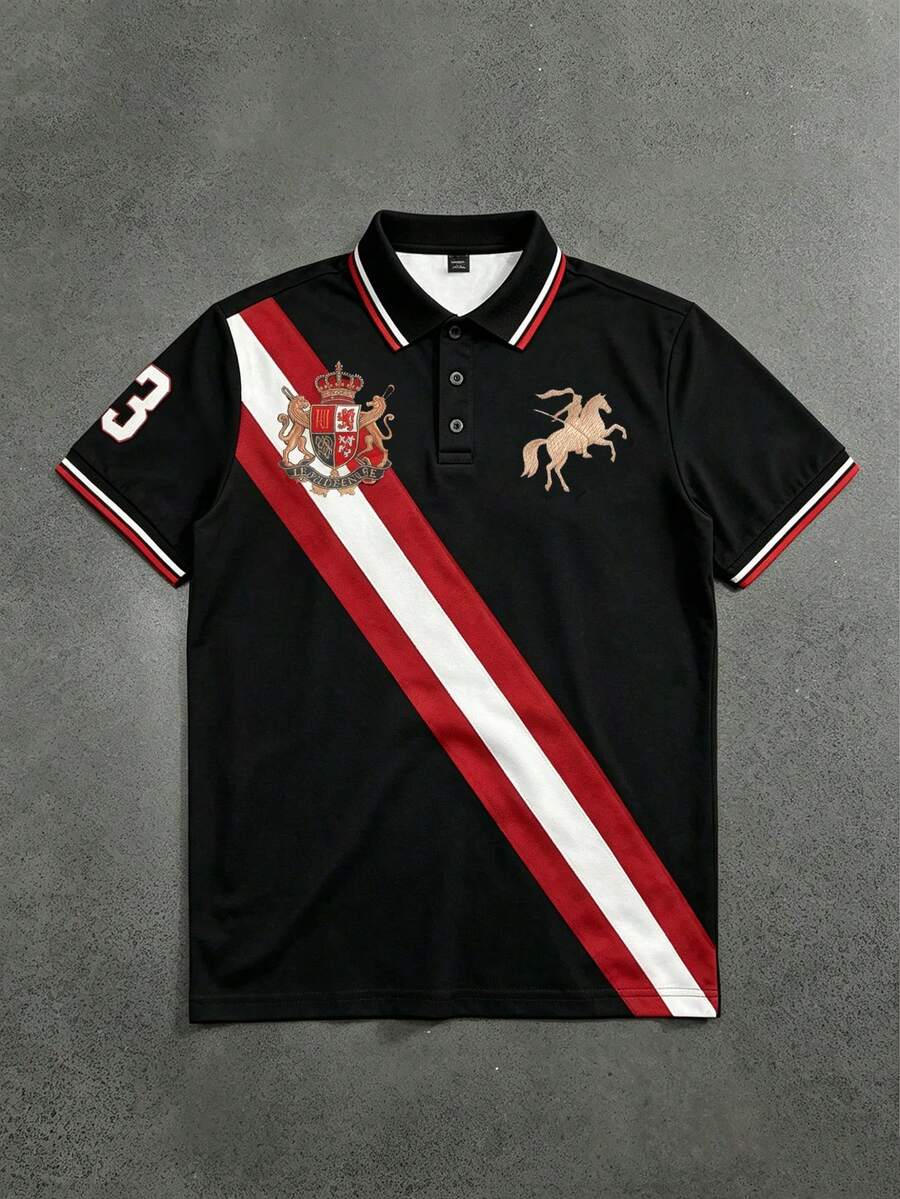STYNVO 男士刺繡條紋對比色半開襟鈕扣短袖 Polo 衫,儀式款 - 黑色 - 查看 1