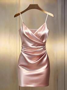GlowEve Women's Solid Color Pleated Fashion Elegant Sexy Spaghetti Strap Short Dress Party Night Out Rose Gold Summer - Pink - View 1
