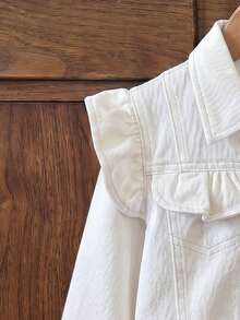 SHEIN Young Girl Long Sleeve Single-Breasted Patchwork Ruffle Casual Denim Jacket - White - View 4