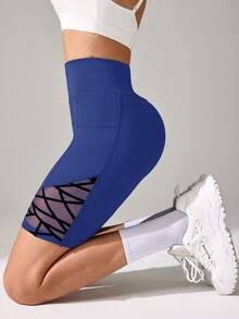 Easithlete Easithlete Celana Pendek Wanita Model Saku Jala Patchwork Kasual Serbaguna untuk Aktivitas Olahraga Sehari-hari - Royal Blue - View 4