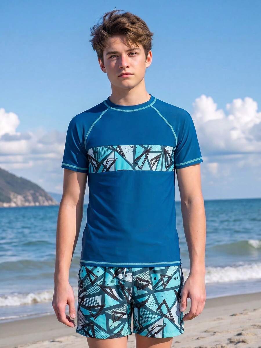 Boys Two Pieces Rash Guard Swimsuits Teen Boy Vacation Short Sleeve Sunsuit Swimwear Sets 12-16Y - Mint Blue - View 1