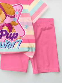 SHEIN | PAW Patrol 女童小女孩休閒經典可愛卡通動漫印花短袖上衣與修身短褲2件套，適合夏季返校穿著 - 彩色 - 查看 4