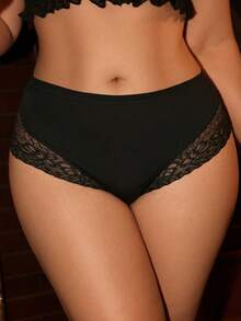 Divavoom Plus Size Black Plain Contrast Lace High Waisted Panties With Medium Stretch Fabric For Women - Black - View 1