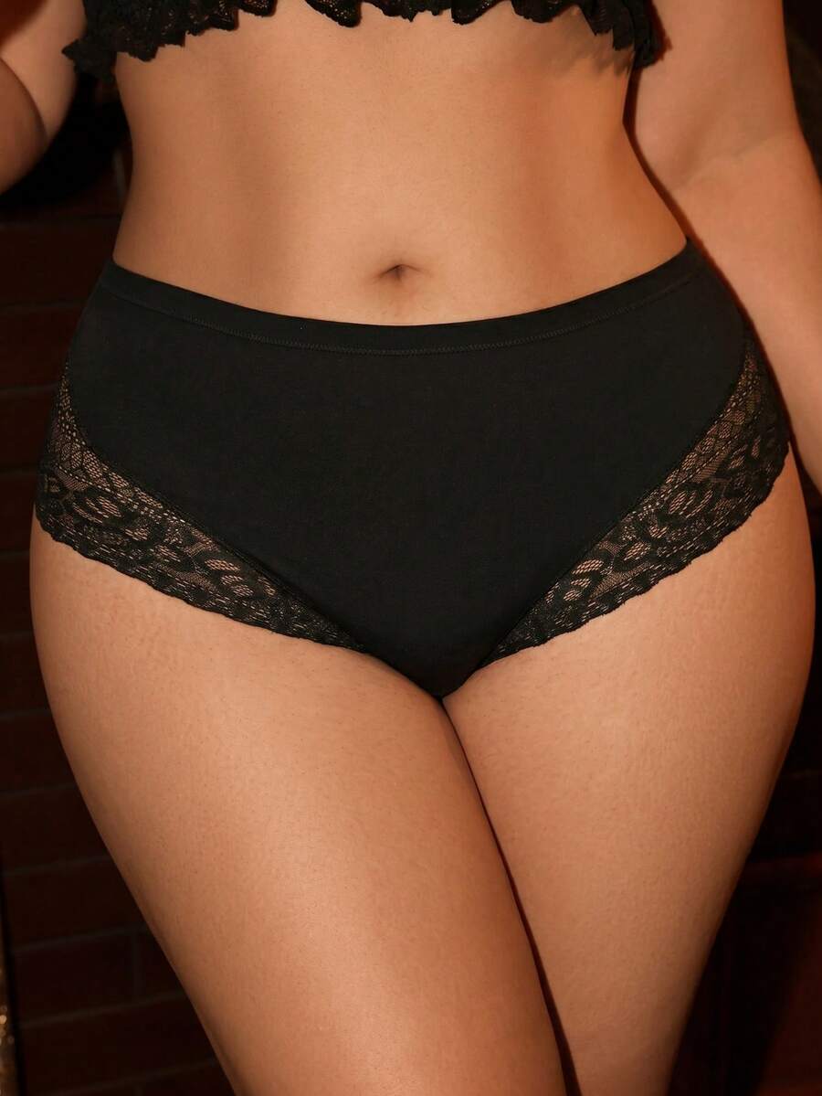 Divavoom Plus Size Black Plain Contrast Lace High Waisted Panties With Medium Stretch Fabric For Women - Black - View 1
